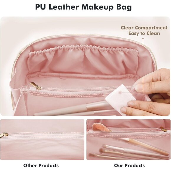 Makeup Bag for Women Travel Waterproof Vegan Leather Cosmetic Bag Open Flat Toil - Picture 7 of 9